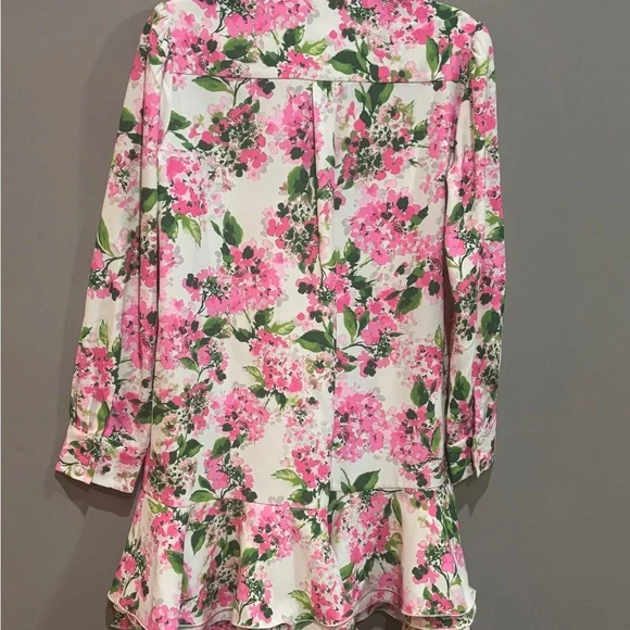 Tuckernuck Callahan Shirtdress Small Pink Hydrangea Ruffle Hem Floral - Small - Picture 7 of 9